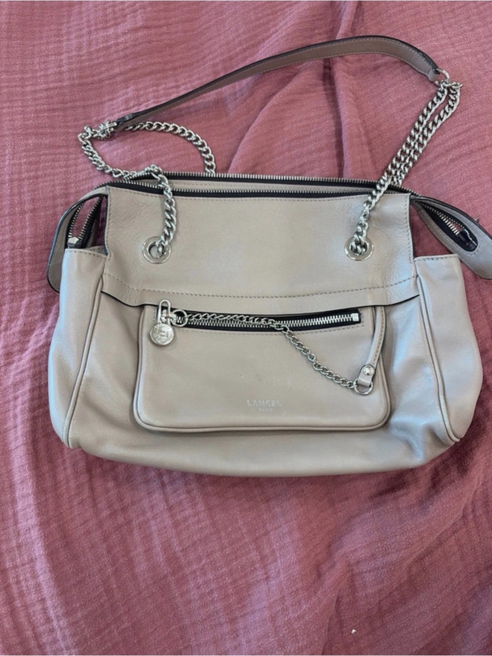 Lancel Soft Taupe Leather Shoulder Bag with Chain Strap